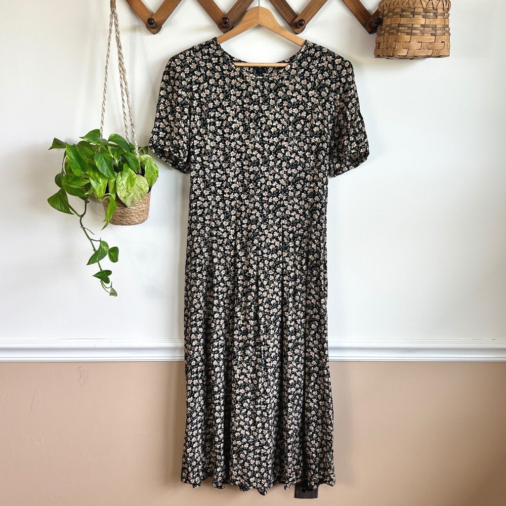 Talbots Petites Vintage Floral Rayon Midi Dress Black Pink Size 12P Short Sleeve